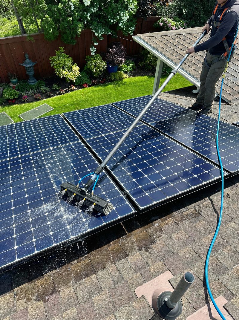 Professional solar panel cleaning technique with soft brush and pure water